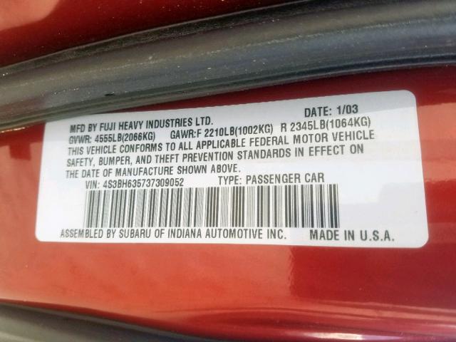 4S3BH635737309052 - 2003 SUBARU LEGACY L MAROON photo 10