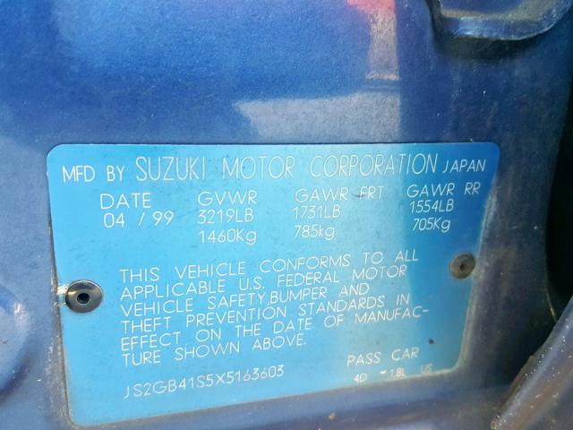 JS2GB41S5X5163603 - 1999 SUZUKI ESTEEM GL BLUE photo 10