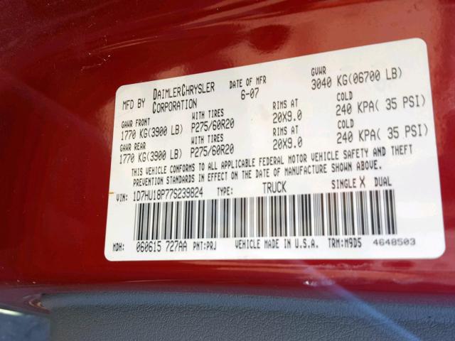 1D7HU18P77S239824 - 2007 DODGE RAM 1500 S RED photo 10