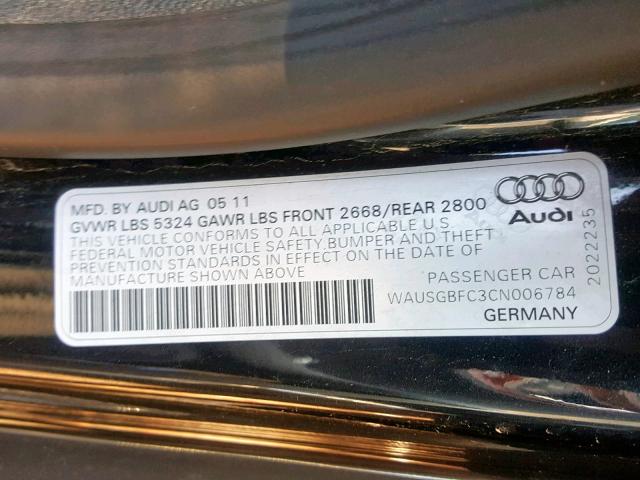 WAUSGBFC3CN006784 - 2012 AUDI A7 PRESTIG BLACK photo 10