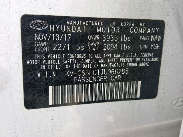 KMHC65LC1JU066285 - 2018 HYUNDAI IONIQ BLUE WHITE photo 10