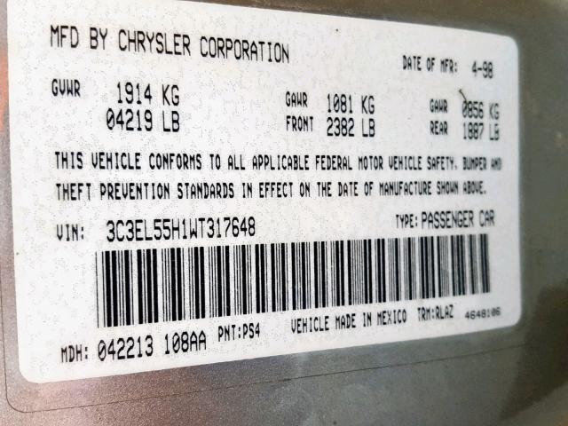 3C3EL55H1WT317648 - 1998 CHRYSLER SEBRING JX GRAY photo 10