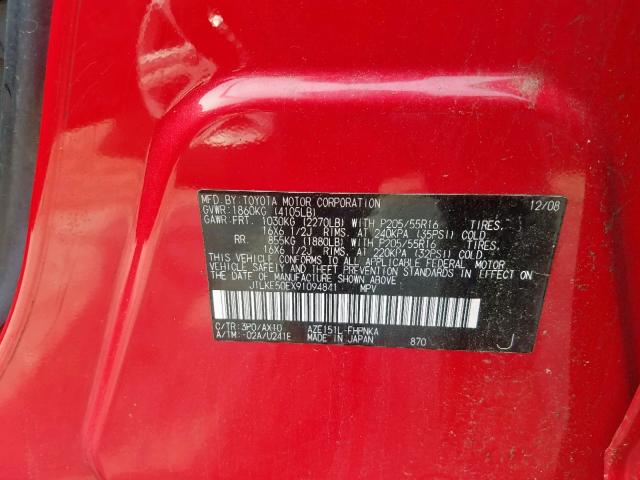 JTLKE50EX91094841 - 2009 TOYOTA SCION XB 红色 照片 10