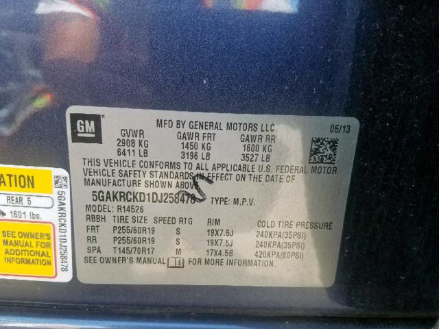 5GAKRCKD1DJ258478 - 2013 BUICK ENCLAVE BLUE photo 10