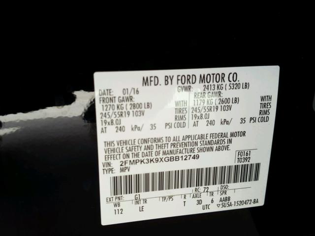 2FMPK3K9XGBB12749 - 2016 FORD EDGE TITAN BLACK photo 10