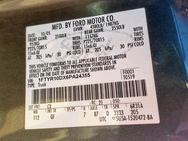 1FTYR10DX6PA24355 - 2006 FORD RANGER GRAY photo 10