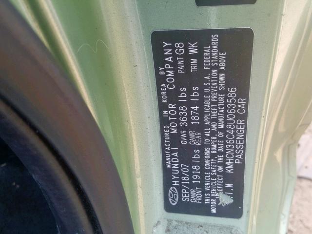 KMHCN36C48U063586 - 2008 HYUNDAI ACCENT SE GREEN photo 10