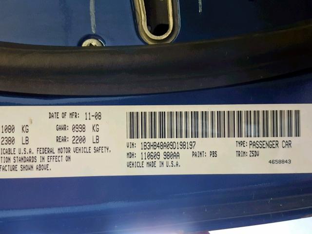 1B3HB48A09D198197 - 2009 DODGE CALIBER SX BLUE photo 10