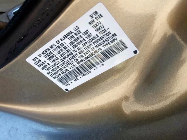 5FNRL38428B049916 - 2008 HONDA ODYSSEY EX BROWN photo 10