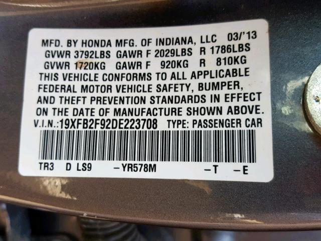 19XFB2F92DE223708 - 2013 HONDA CIVIC EXL Boz foto 10