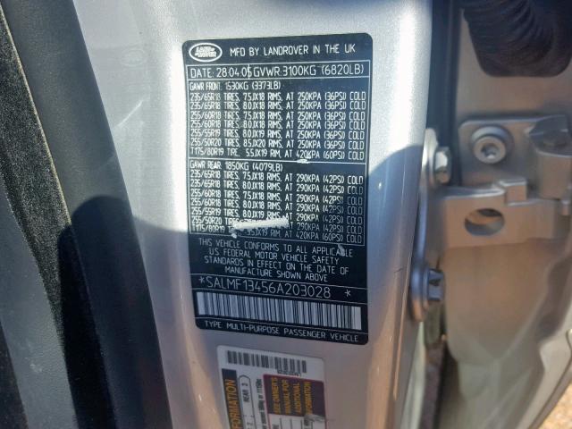 SALMF13456A203028 - 2006 LAND ROVER RANGE ROVE SILVER photo 10