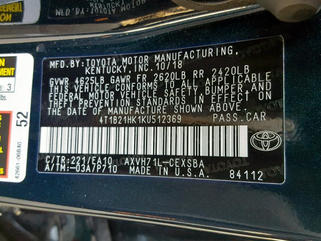 4T1B21HK1KU512369 - 2019 TOYOTA CAMRY HYBR BLUE photo 10