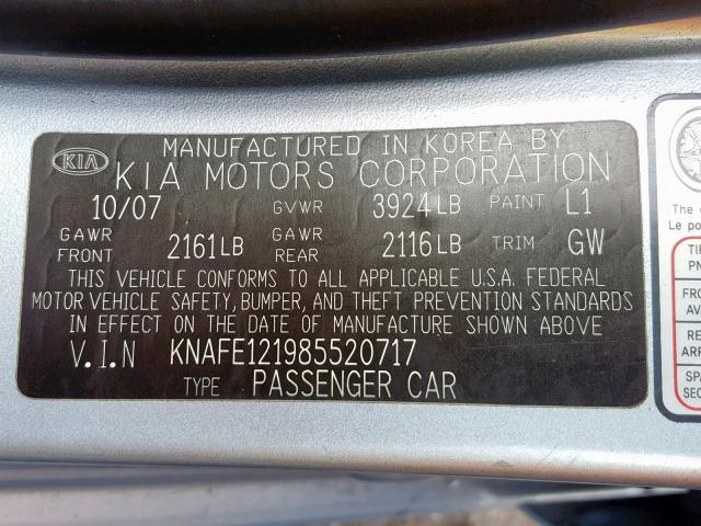 KNAFE121985520717 - 2008 KIA SPECTRA EX BLUE photo 10