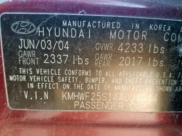 KMHWF25S14A094044 - 2004 HYUNDAI SONATA GL MAROON photo 10