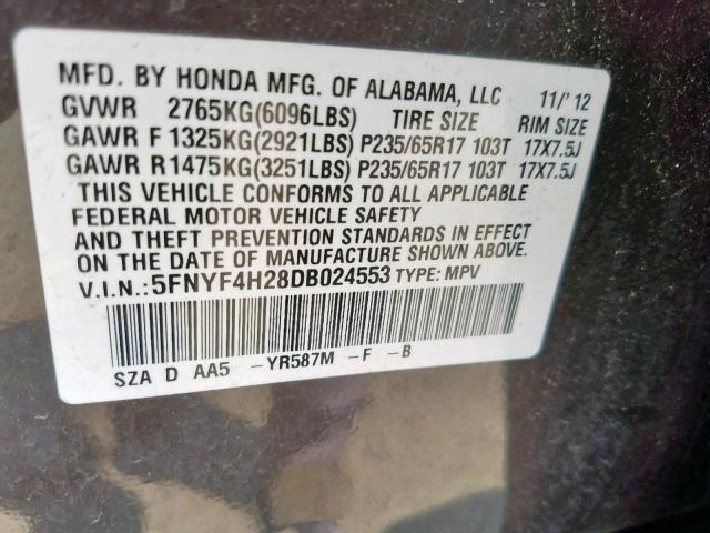 5FNYF4H28DB024553 - 2013 HONDA PILOT LX BROWN photo 10