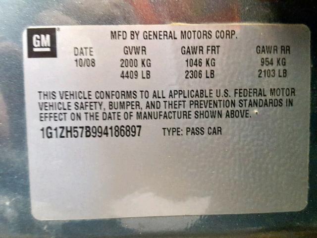 1G1ZH57B994186897 - 2009 CHEVROLET MALIBU 1LT 绿色 照片 10