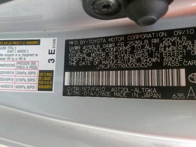 JTKJF5C7XB3005029 - 2011 TOYOTA SCION TC ვერცხლისფერი ფოტო 10