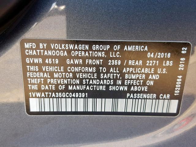 1VWAT7A35GC049391 - 2016 VOLKSWAGEN PASSAT S GRAY photo 10