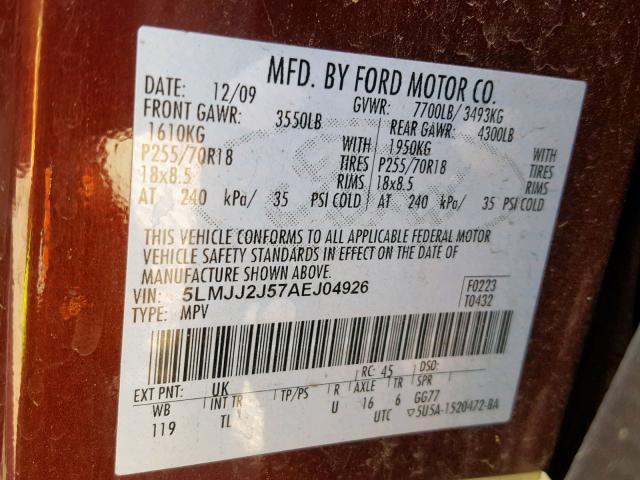 5LMJJ2J57AEJ04926 - 2010 LINCOLN NAVIGATOR წითელი ფოტო 10