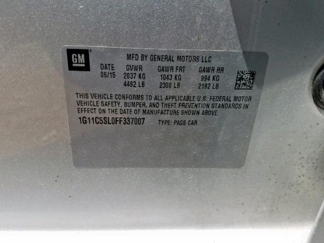 1G11C5SL0FF337007 - 2015 CHEVROLET MALIBU 1LT 银色 照片 10