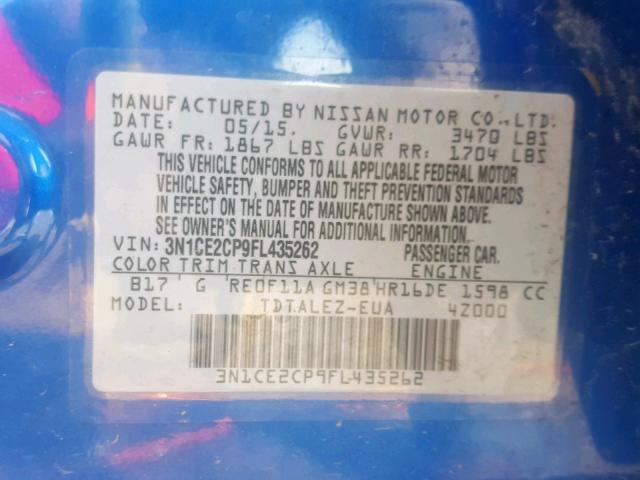 3N1CE2CP9FL435262 - 2015 NISSAN VERSA NOTE BLUE photo 10