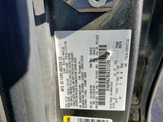 3FA6P0G78GR315590 - 2016 FORD FUSION S CHARCOAL photo 10