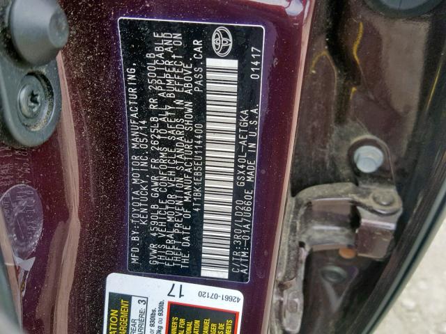 4T1BK1EB5EU114400 - 2014 TOYOTA AVALON BAS BURGUNDY photo 10