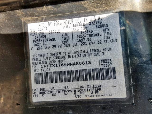 1FTZX1764WNA80613 - 1998 FORD F150 BLACK photo 10