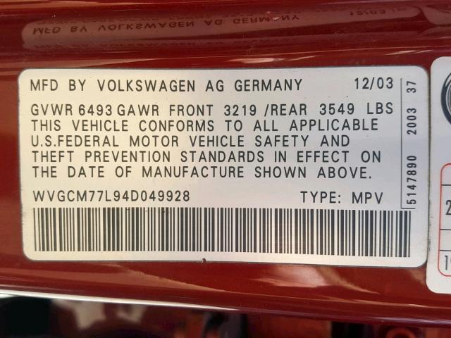 WVGCM77L94D049928 - 2004 VOLKSWAGEN TOUAREG 4. RED photo 10