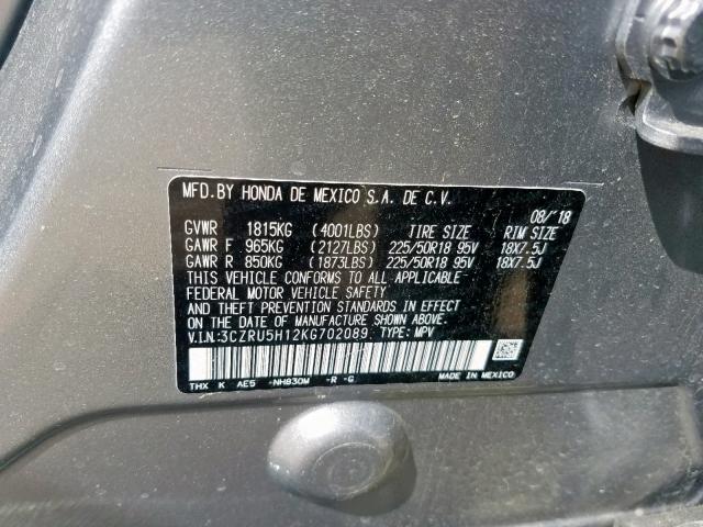 3CZRU5H12KG702089 - 2019 HONDA HR-V SPORT GRAY photo 10