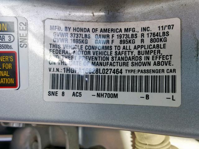 1HGFA16828L027464 - 2008 HONDA CIVIC EXL Gümüş foto 10
