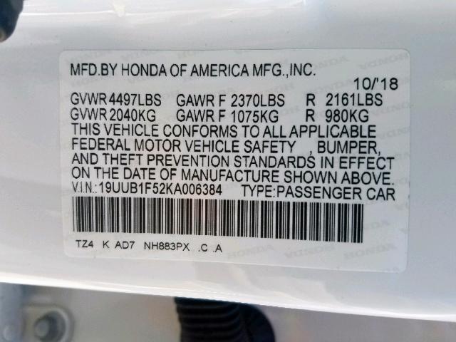 19UUB1F52KA006384 - 2019 ACURA TLX WHITE photo 10