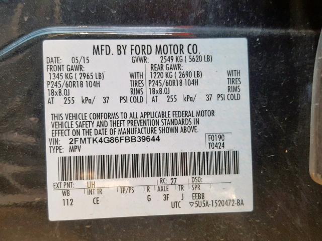 2FMTK4G86FBB39644 - 2015 FORD EDGE SE BLACK photo 10