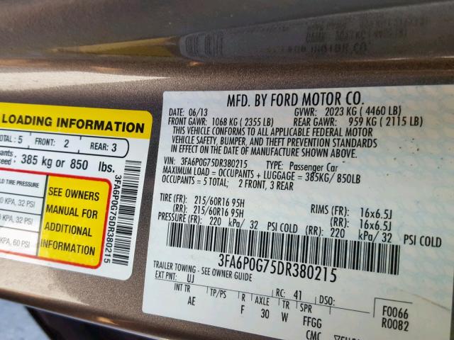 3FA6P0G75DR380215 - 2013 FORD FUSION S GRAY photo 10