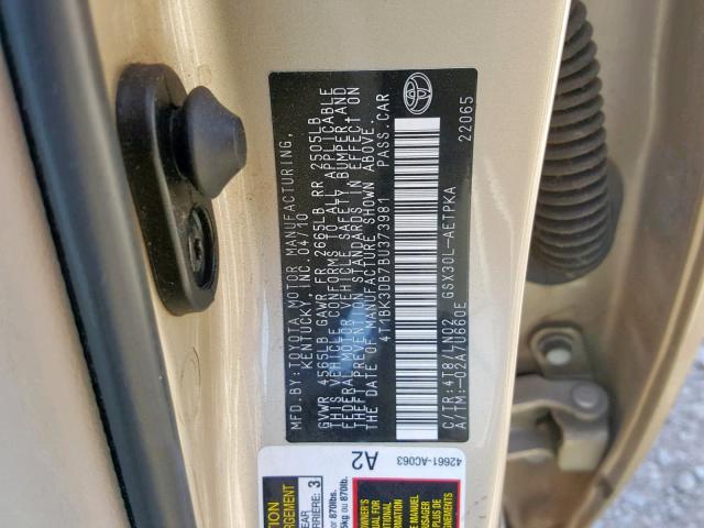 4T1BK3DB7BU373981 - 2011 TOYOTA AVALON BAS GOLD photo 10