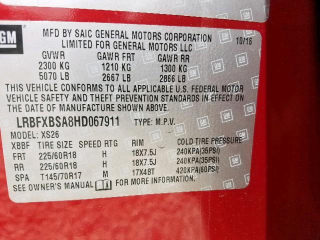 LRBFXBSA8HD067911 - 2017 BUICK ENVISION E RED photo 10