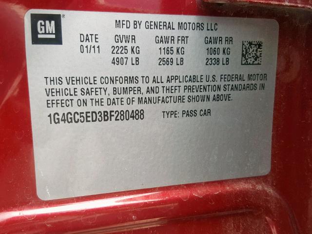 1G4GC5ED3BF280488 - 2011 BUICK LACROSSE C RED photo 10