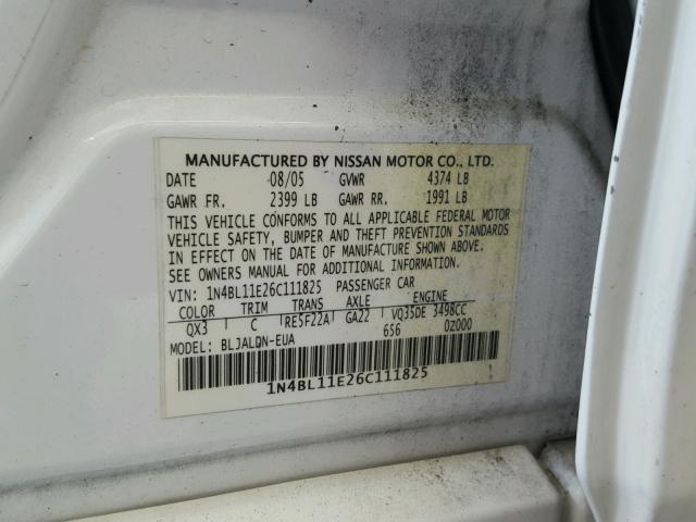 1N4BL11E26C111825 - 2006 NISSAN ALTIMA SE WHITE photo 10