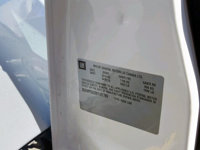 2G2WP552281121789 - 2008 PONTIAC GRAND PRIX WHITE photo 10