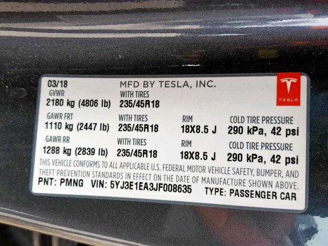 5YJ3E1EA3JF008635 - 2018 TESLA MODEL 3 GRAY photo 10