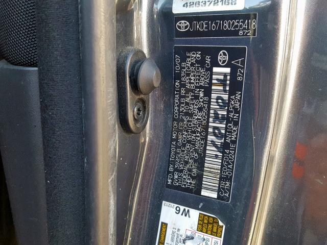 JTKDE167180255418 - 2008 TOYOTA SCION TC ნაცრისფერი ფოტო 10