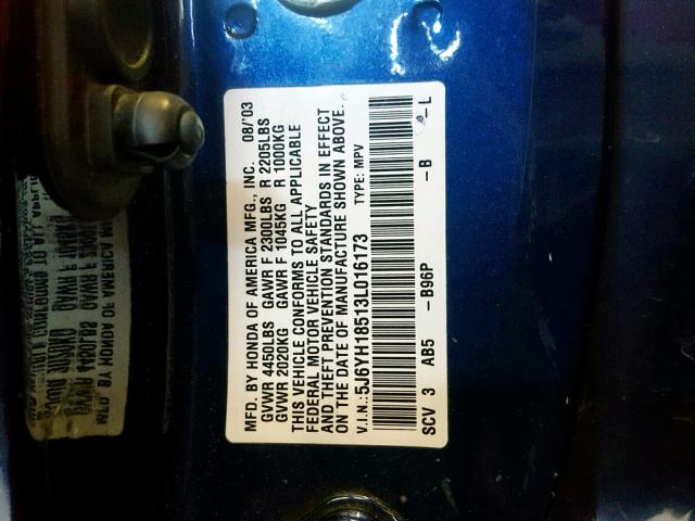 5J6YH18513L016173 - 2003 HONDA ELEMENT EX BLUE photo 10