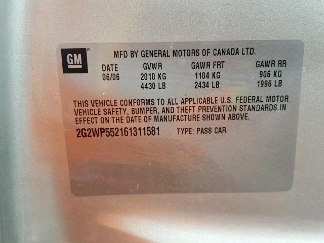 2G2WP552161311581 - 2006 PONTIAC GRAND PRIX SILVER photo 10