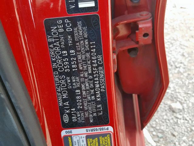 KNADM4A35F6460411 - 2015 KIA RIO LX RED photo 10