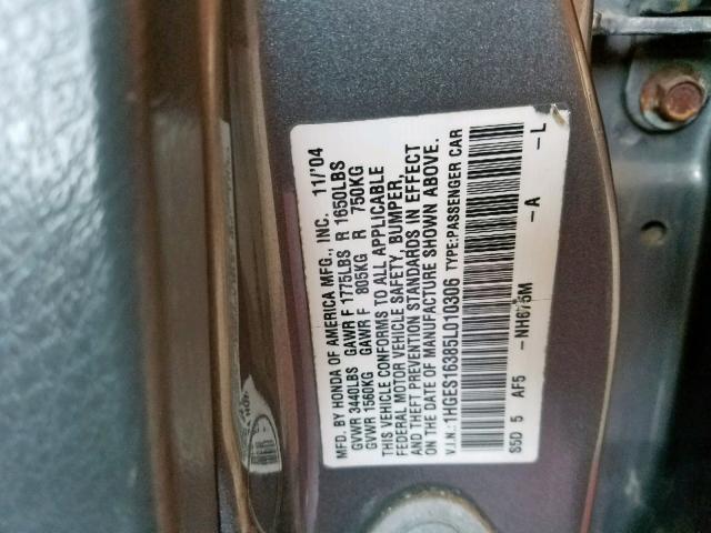 1HGES16385L010306 - 2005 HONDA CIVIC DX V GRAY photo 10