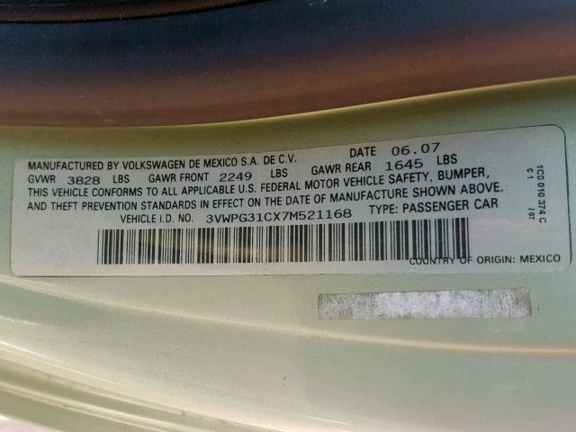 3VWPG31CX7M521168 - 2007 VOLKSWAGEN NEW BEETLE GREEN photo 10