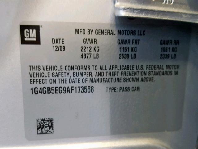 1G4GB5EG9AF173568 - 2010 BUICK LACROSSE C SILVER photo 10