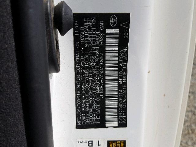 JTKDE3B74A0310967 - 2010 TOYOTA SCION TC WHITE photo 10