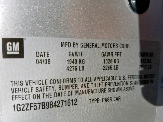 1G2ZF57B984271612 - 2008 PONTIAC G6 VALUE L SILVER photo 10