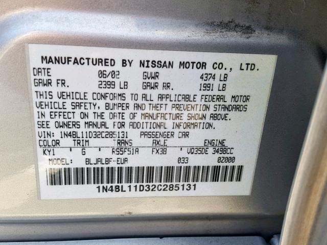 1N4BL11D32C285131 - 2002 NISSAN ALTIMA SE SILVER photo 10